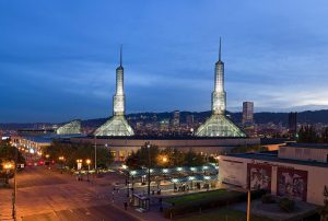 Oregon Convention Center in Portland at dusk, venue of Fan Expo Portland