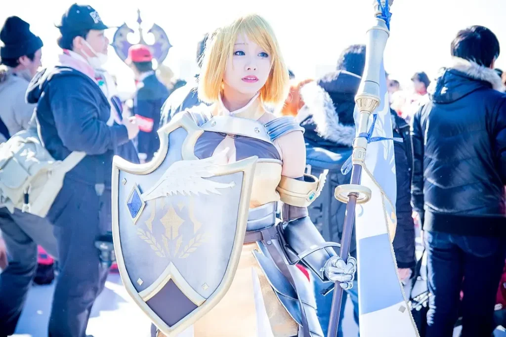 Cosplayer with a shield